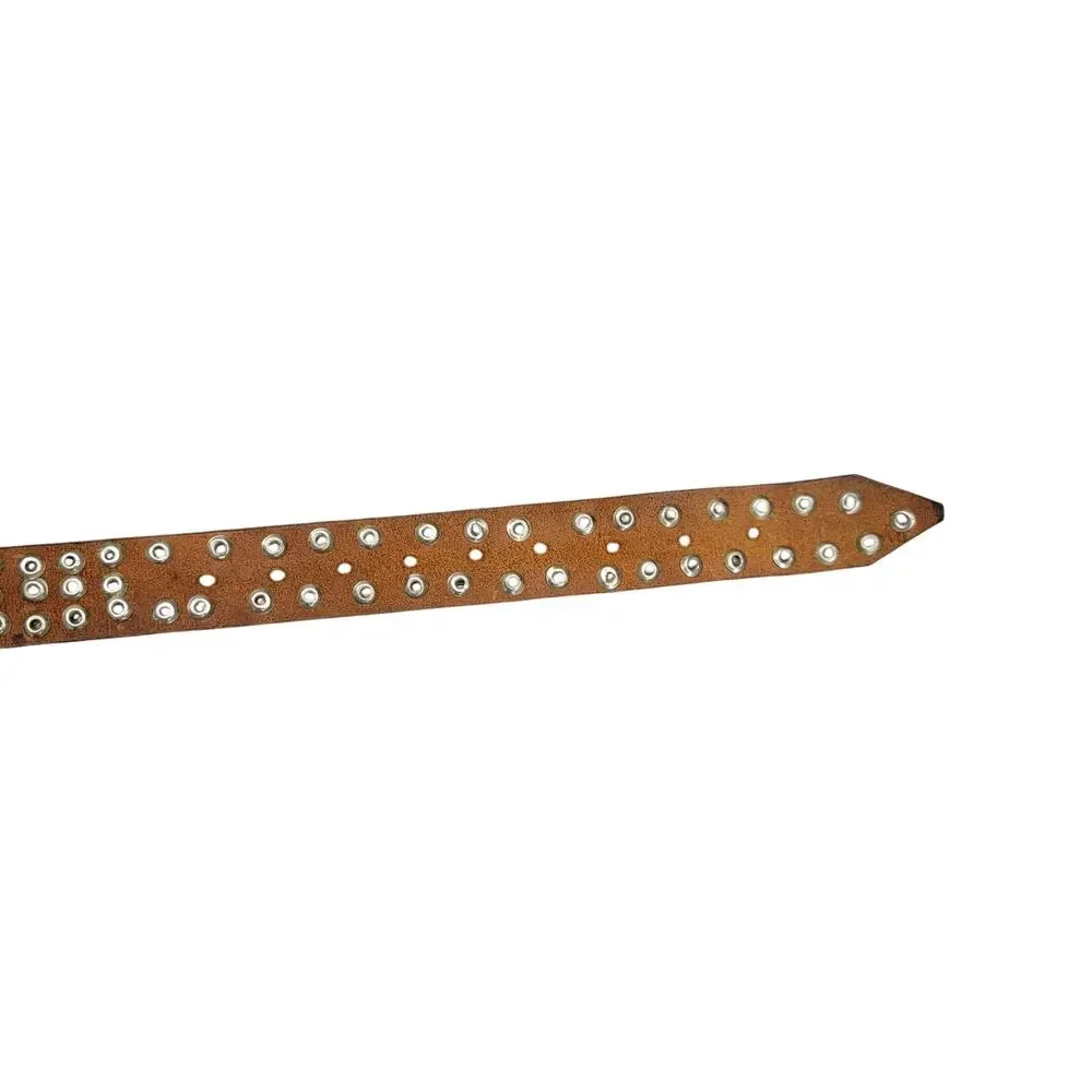 Vintage Brown Leather Studded Concho Belt Four Leaf Clover Silver Tone Boho